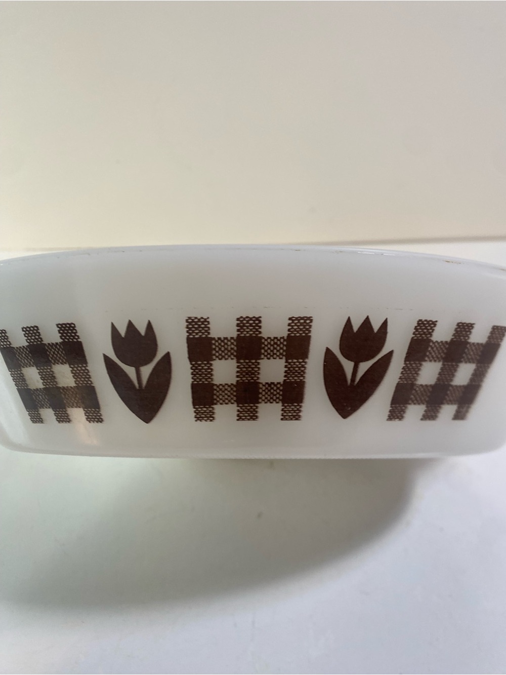 Vintage Glasbake Milk Glass Divided Brown Tulip & Gingham Dish 12” Length